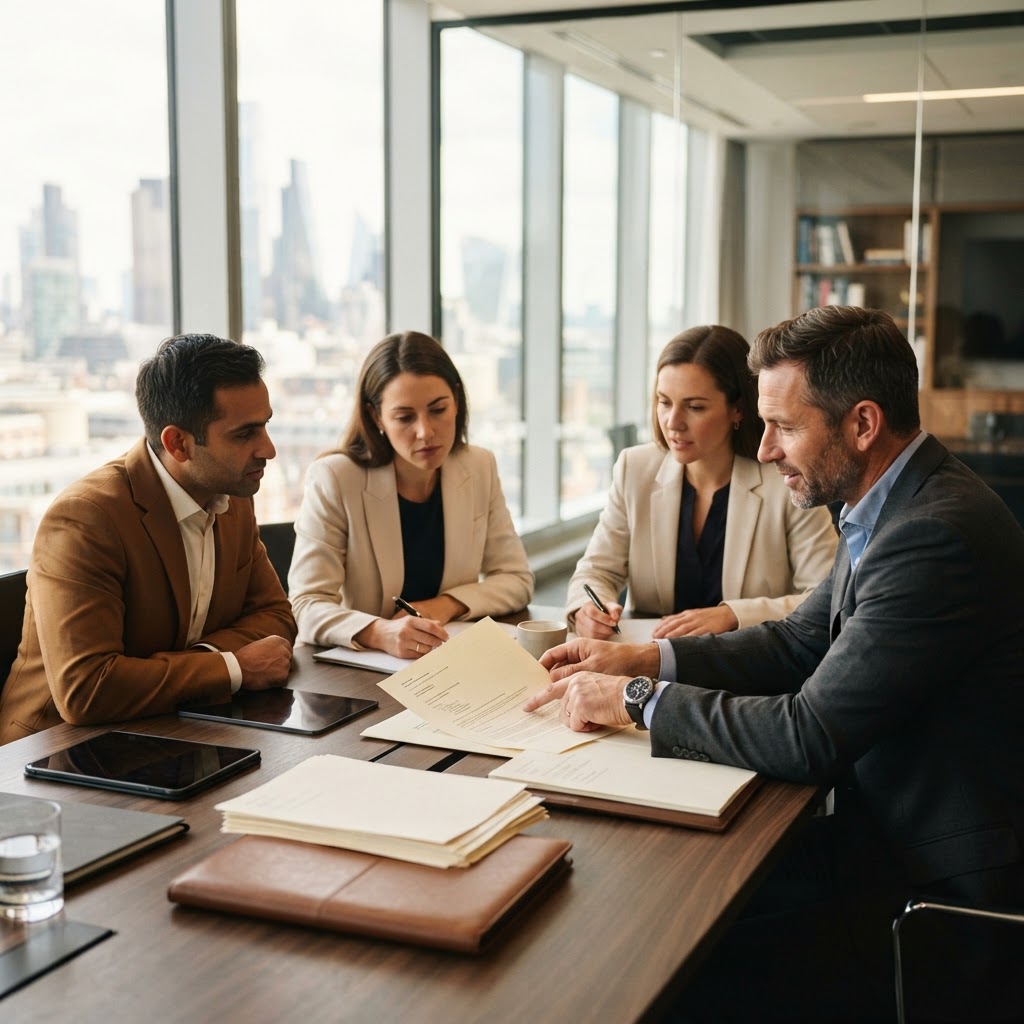 Financial underwriting meeting in a commercial real estate office